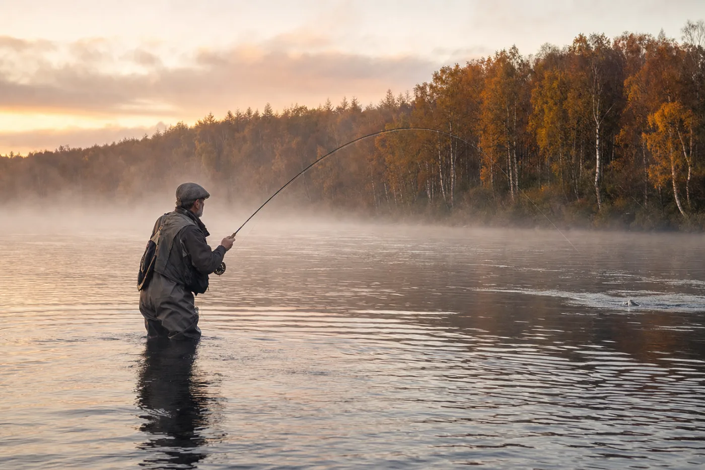 An angler playing a fish on a misty river at dawn