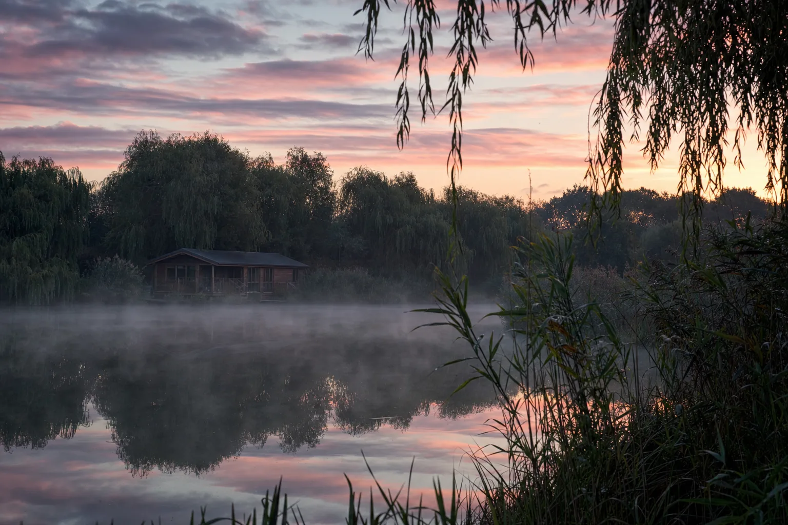 A still lake at dawn with mist rising and a wooden lodge on the far bank